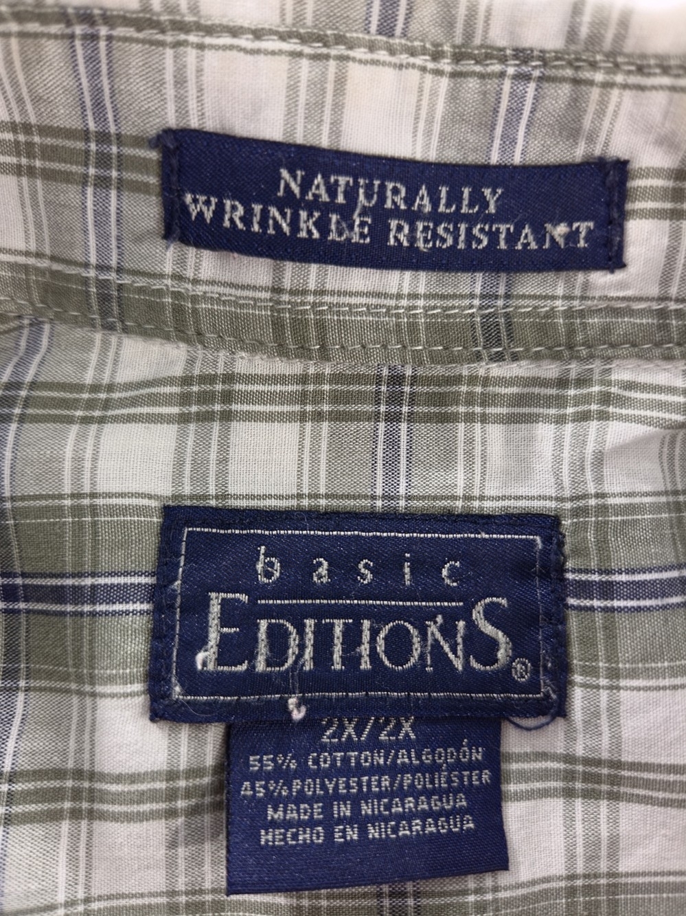 Basic Editions Men’s Olive and White Plaid Button-Down Shirt - Picture 3 of 3